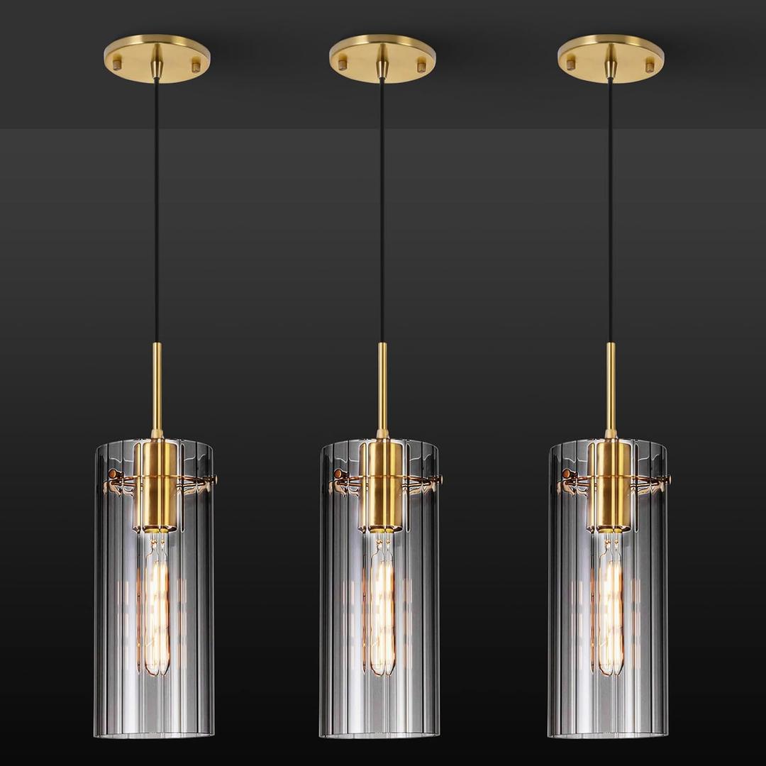 Gold Pendant Light Fixtures, 3 Pack Modern Pendant Lighting with Clear Striped Glass Shade, Hanging Pendant Lights Kitchen Island, Farmhouse Pendant Lighting for Dining Room Bedroom Bathroom
