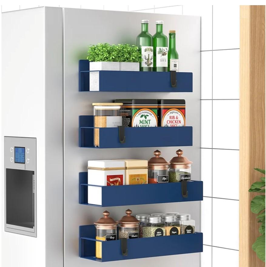 HuggieGems 4 Pack Magnetic Spice Storage Rack Organizer for Refrigerator and Oven, Blue Fridge Organizers and Storage