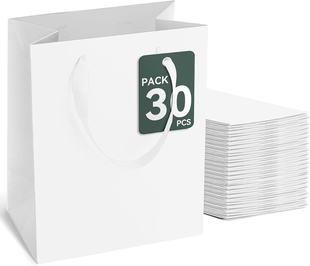 GEGIBOA White Gift Bags With Handles 30 Pcs, 8x5x10 Inch Sturdy Kraft Paper Gift Bags, Bulk for Wedding, Party, Birthday, Business and Shopping, Medium Size