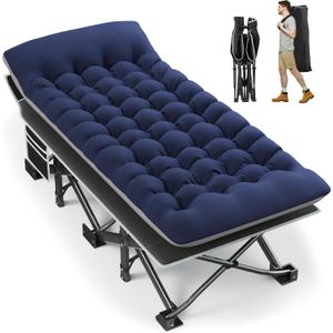 Portable Camping Cot, 32" Extra Wide Camping Cots for Everyone with Thick Cushion, Heavy Duty Sleeping Cot Holds Up to 600LBS, Cots for Sleeping, Rv, Beach, Patio, Office Naps(Blue)