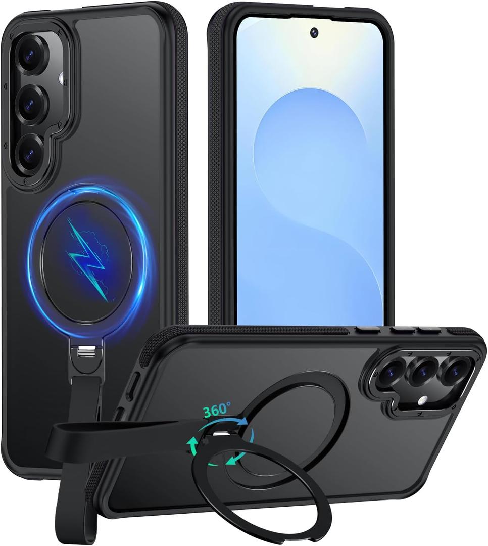 360°Spin Magnetic Stand with Silicone Strap for Samsung Galaxy S25 Case [Fit for MagSafe], Mil-Grade Shockproof Translucent Slim Phone Case with Kickstand&Ring Holder for S25 (Black)