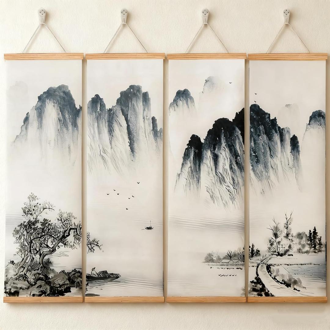 Noamus 4 Pack Landscape Painting, China Fir Wooden Frame Hanger, Chinese Traditional Wall Art, Hanging Scroll Poster Canvas Artwork, Black White Ink Decor for Bedroom Living Room Office Home(12"x38")