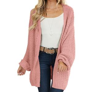 Maroway Womens Cardigan Solid Color Long Sleeve Open Front Chunky Knit Sweater Outwear (Pink, XL)