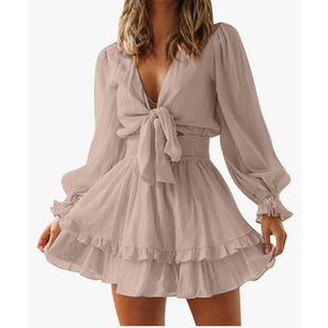 XUNRYAN Women Summer Twist Front Sexy Cutout Casual Dress 2022 V Neck Long Sleeve Dress Ruffle Swing Blouse Mini Dresses Size M Beige
