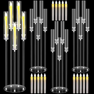 Tandefio 4 Sets 35'' Tall LED Candelabra Centerpiec, 5 Arm Clear Acrylic Candle Stands with Shades and 20 Flameless LED Candles, Candlestick Holder for Floor Table Fireplace Dinner Party Wedding Decor