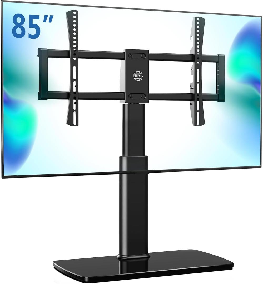 FITUEYES Universal TV Stand Mount for 43-80 85 inch TVs, Swivel Tall TV Mount Stand, Table Top TV Stand Base Replacement, Height Adjustable TV Table Stand, Glass Base, Max Holds 110lbs (Classic Black) FITUEYES Universal TV Stand Mount for 43-80 85 inch TVs, Swivel Tall TV Mount Stand, Table Top TV Stand Base Replacement, Height Adjustable TV Table Stand, Glass Base, Max Holds 110lbs (Classic Black)