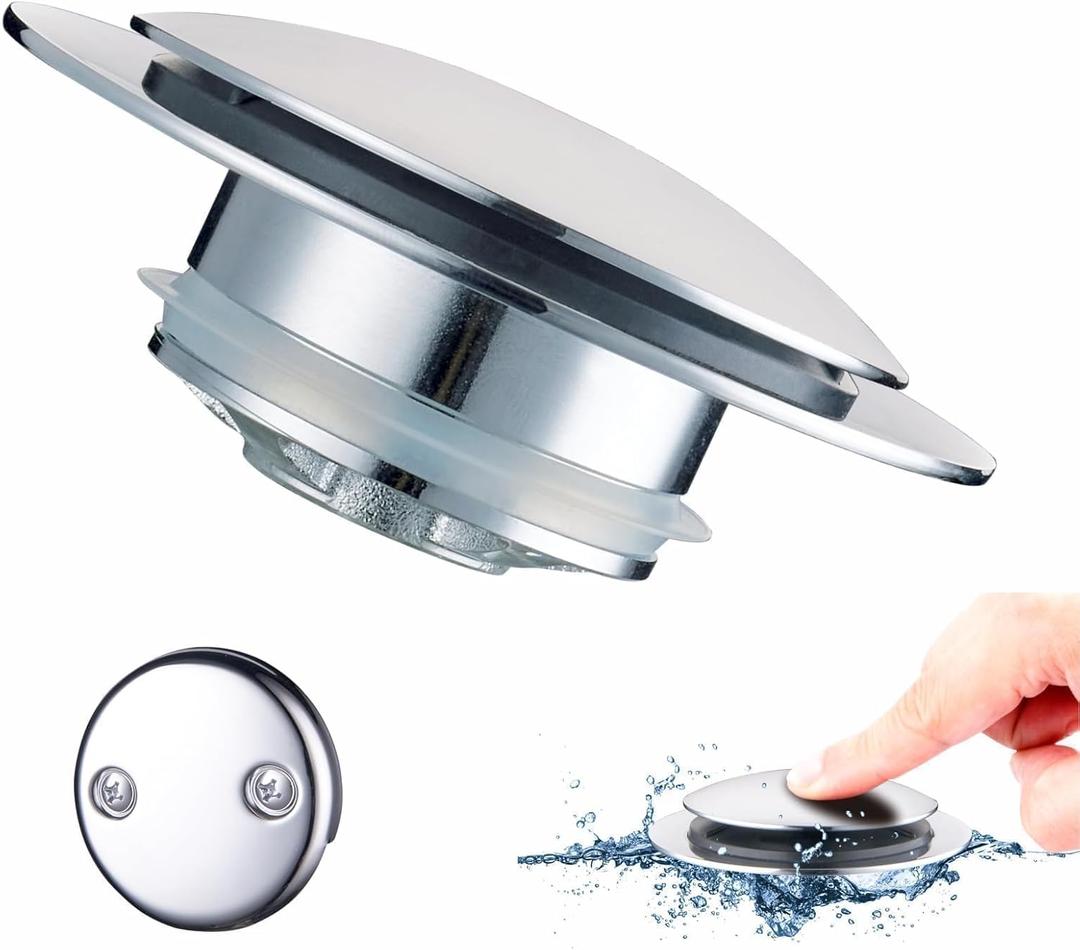 Chrome Bathtub Drain Stopper,Welsan Universal Pop Up Tub Drain Stoppers Replacement Tip Toe, Lift and Turn with 2-Hole Overflow Face Plate Cover and EZ Bath Tub Plug (Chrome Plated)