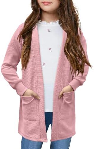 Girls Open Front Cardigan Long Sleeve Casual Fall Winter Loose Knit Sweaters Coat with Pockets (9-10 Years)