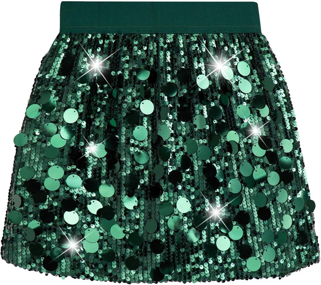 DAXIANG Girls Sparkly Sequin A Line Skirt Kids Elastics Waist Shiny Skirt with Built in Shorts for Party Birthday 5-6 Years (Green)