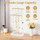MODOWEY Necklace Holder Organizer Stand with Wood Tray, 36 Hooks Tall Display Tree for Women Men Vendors, Adjustable 2 Tier Metal Jewelry Rack, Large Capacity for Dresser Small Space, Gold+White