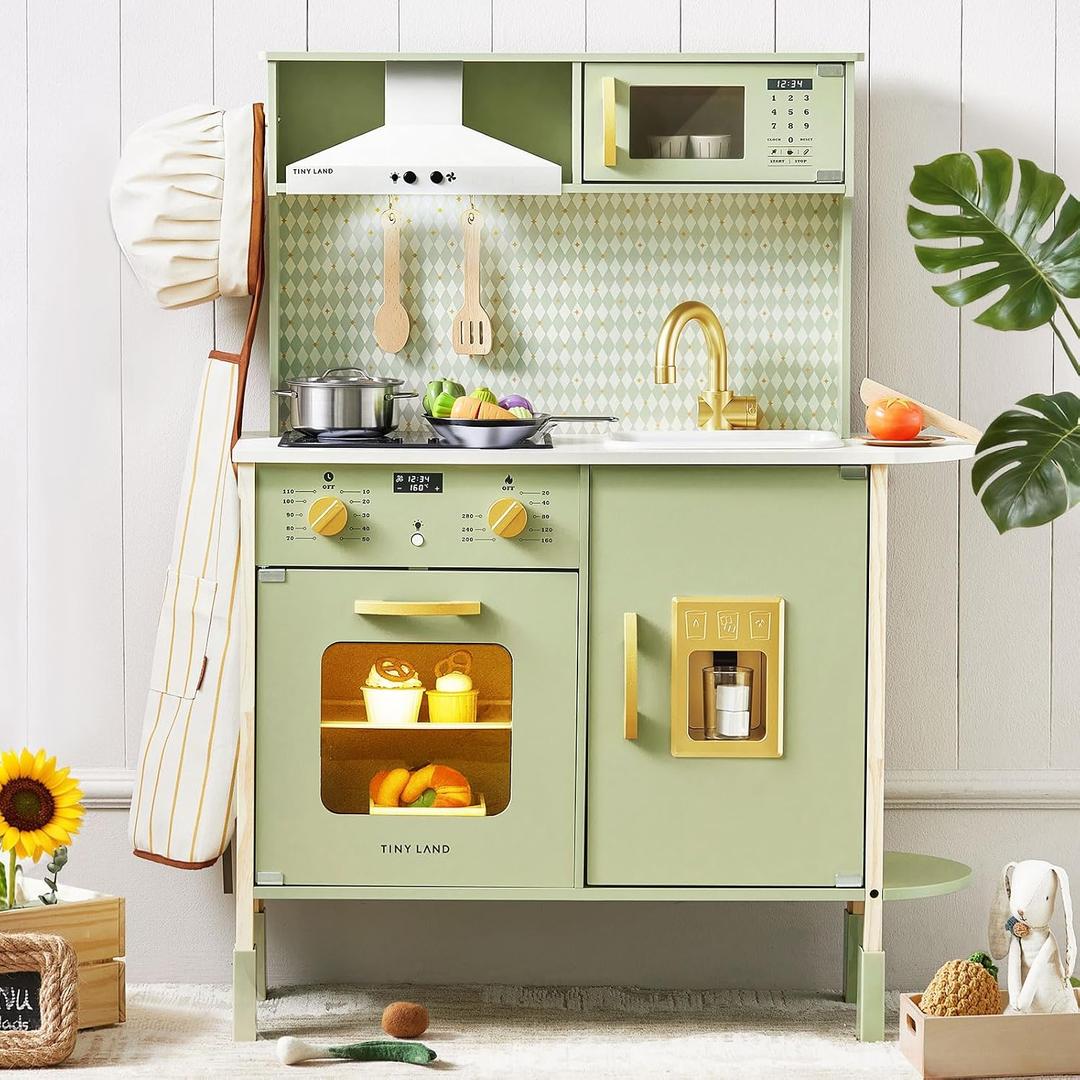 Tiny Land Play Kitchen for Kids, Wooden Farmhouse Kitchen Playset Chef Pretend Play Set for Toddlers w/Real Lights & Sounds, Toys Kitchen with 18 Pcs Toy Food & Cookware Accessories, Sage Green