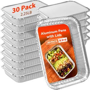 Aluminum Foil Pans with Lids - 2.25 LB Food Containers Disposable Tin Foil Meal Prep Containers with Lids, 50 Pans and 50 Cardboard Covers for Baking, Freezer & Food Storage, 8.5" X 6" (30 Pack)
