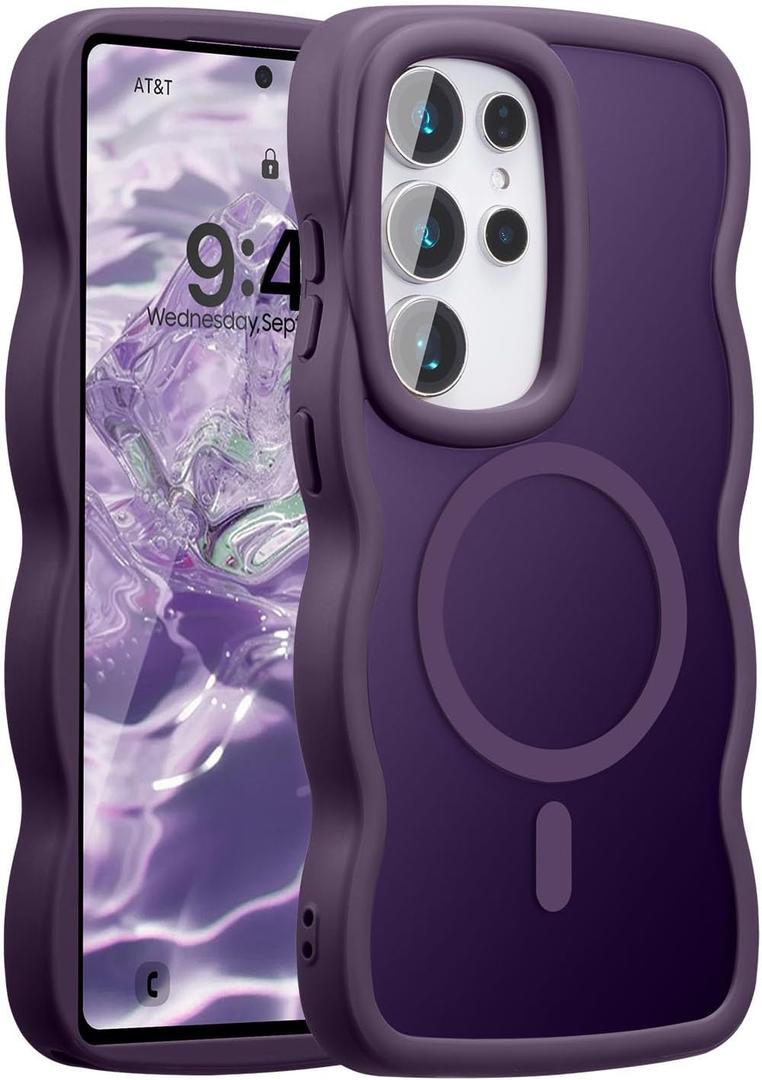UEEBAI Magnetic for Samsung Galaxy S25 Ultra 5G Case, Cute Cover Compatible with MagSafe, Transparent Clear Wave Design Wavy Frame Matte Phone Case- Purple