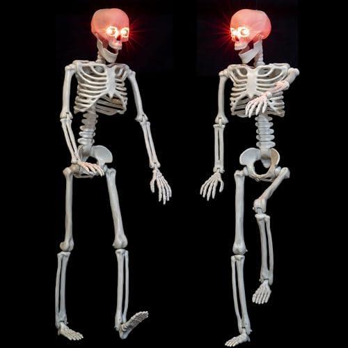2 Pack 24 Inches Halloween Skeleton, Light Up Glowing Red LED Eyes Pose-N-Stay Skeleton, Full Body Posable Movable Jonints for Halloween Decoration