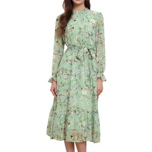 Allegra K Fall Casual Floral Dress for Women 2025 Long Sleeve Crew Neck Chiffon Midi Tea Party Ruffle Dresses, Large