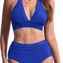 AI'MAGE Women's High Waisted Bikini Set Mesh Tummy Control Bathing Suits 2 Piece Halter V Neck Swimsuits for Women 2025 (X-Large, Royal Blue)