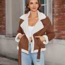 Women's Faux Shearing Moto Jacket Thick Fur Lined Coat Sherpa Leather Jacket (Brown, L)