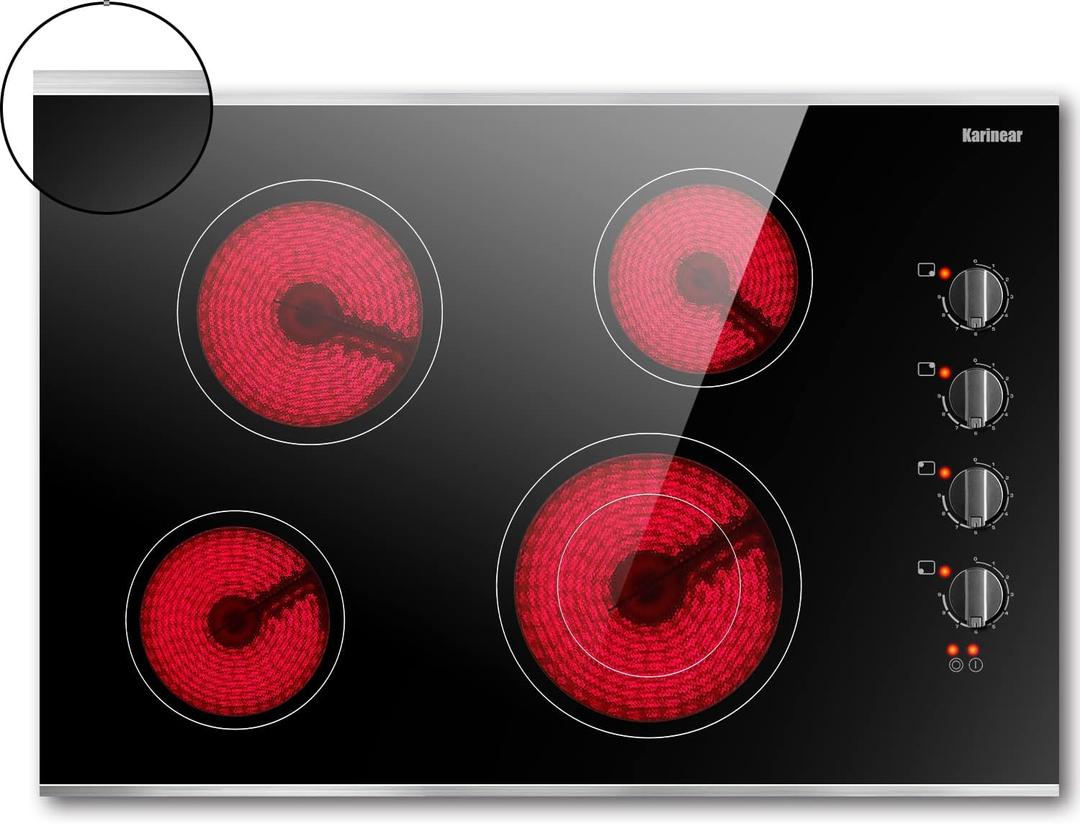 Karinear 30 Inch Electric Cooktop 4 Burners, Knob Control Built-in Ceramic Cooktop, 30" Radiant Electric Stove Top with Glass Protection Metal Frame,Hot Surface Indicator, 220-240v, Hard Wire, No Plug