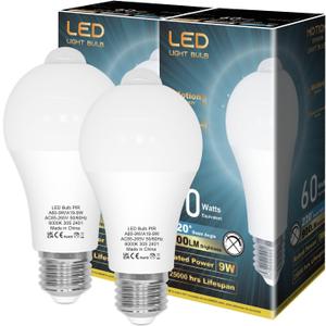 ORALUCE Motion Sensor Light Bulbs Indoor Outdoor 60 watt Equivalent, A19 E26 9W Motion Activated LED Bulb 6000K Cool White, Motion Sensor Light for Garage, Closet, Porch, Stairs, 2 Pack