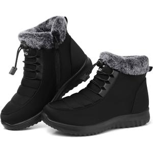 SHIBEVER Winter Boots for Women Snow: Fur Lined Warm Ankle Boots - Adjustable Water Resistant Outdoor Zipper Snow Shoes (Black)