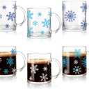 6 Pcs Snowflake Glass Mug Set,12 oz Christmas Coffee Mugs Winter Coffee Cup Glasses Blue and White Snowflake Cups with Handle Xmas Mugs for Home Office Hot Cold Drinks Water Tea Milk Beverage