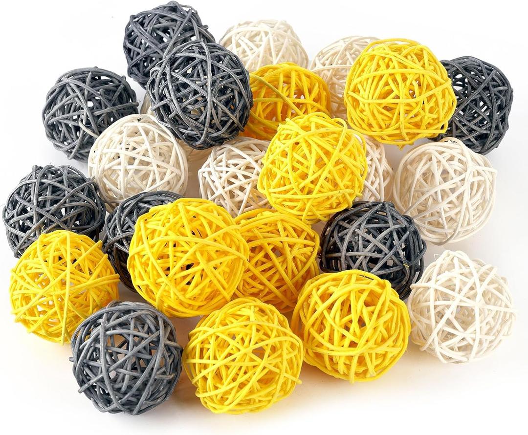 DomeStar 24PCS Yellow Decorative Balls for Bowl Centerpiece, 2 Inch Rattan Balls Bowl Fillers Decor - Wicker Twig Orbs Spheres, Wedding Home Vase Table Decor