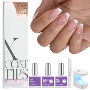 BTArtboxnails XCOATTIPS French Tip Press on Nails - Short Coffin Nail Tips with Nail Gel, Air-Dry Nail Gl ue, French Protecing Duo, Nail Lamp, All in One Soft Gel Fake Nail Gel Extension Kit