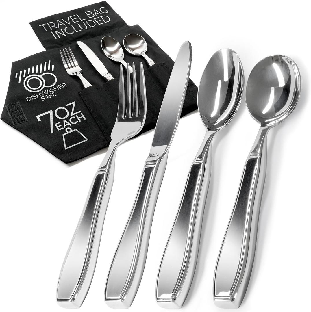 Weighted Utensils for Hand Tremors and Parkinson's Patients - 4 Piece Set Weighted Silverware for Elderly, Arthritis, Weak Hand Grip - Convenient Travel Bag, Stainless Steel, 7 Oz