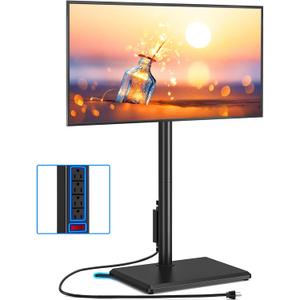 Rfiver Swivel Floor TV Stand with Power Outlet for 32-65 inch TVs, Height Adjustable Tall TV Stand with Wood Base, Hold Up to 88lbs, Saving Space Design for Bedroom, Living Room and Corner (Black)