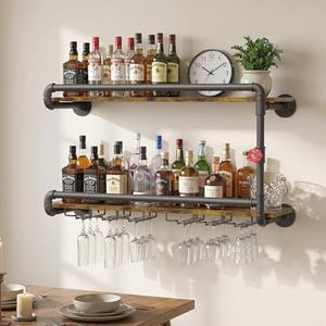 Merapi Industrial Wall Mounted Wine Rack - 2 Tier Floating Bar Shelf with Integrated Dual Glass Holder, Rustic Pipe Design Liquor Storage for Kitchen, Heavy Duty Metal & Wood Construction