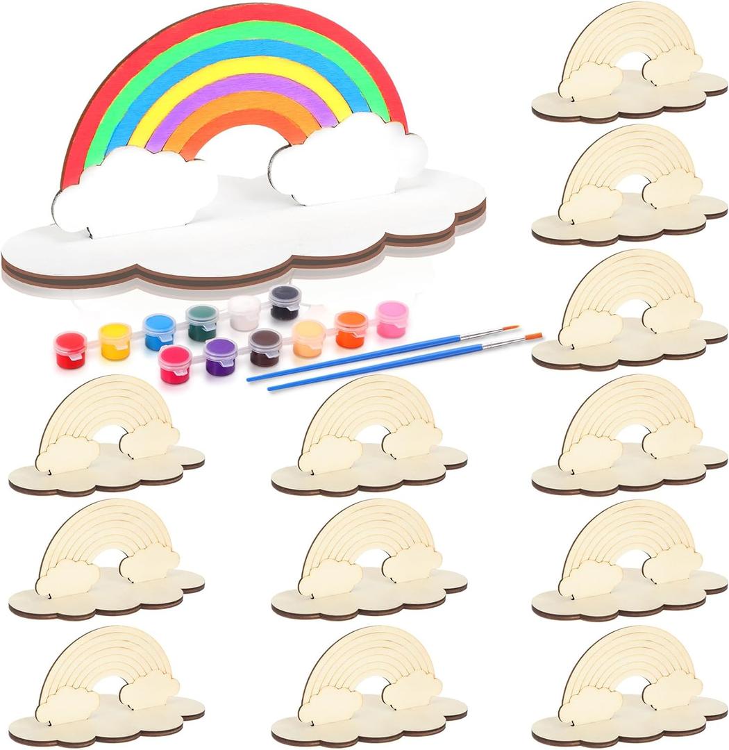 12 Sets Rainbow Crafts for Kids Rainbow Art Painting Sets for Party Favors Wooden Painting Brush Kit Return Gifts for Birthday Party Supplies Class Make Your Own Craft Kits (Cute)