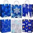 Hillban 12 Pcs Snowflake Christmas Medium Gift Bags with Ribbon Handles Christmas Holiday Goody Treat Bags Bulk with Xmas Prints for Xmas New Year Winter Party, 9 x 7 x 4 in