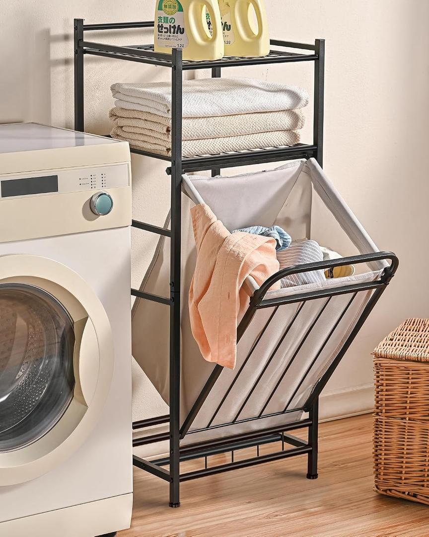 PLKOW Tilt Out Laundry Hamper with Shelf, Laundry Basket Laundry Hamper Cabinet with Removable Liner Bag, 65 Liter, 15.8L x 15.8W x 40H Inch, Large