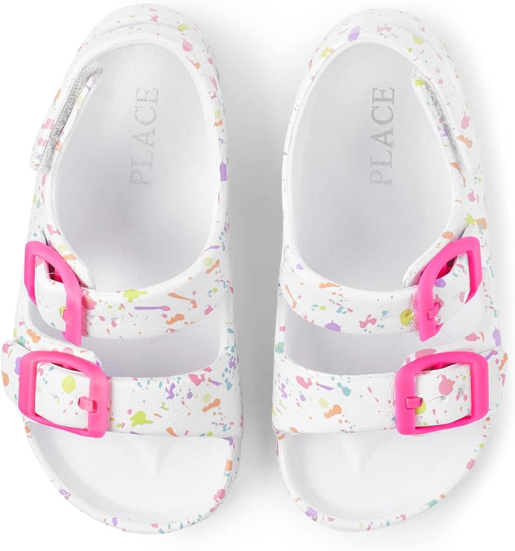 The Children's Place Baby Girls and Toddler Everyday Slide Sandals with Backstrap, White Paint Splatter, 9