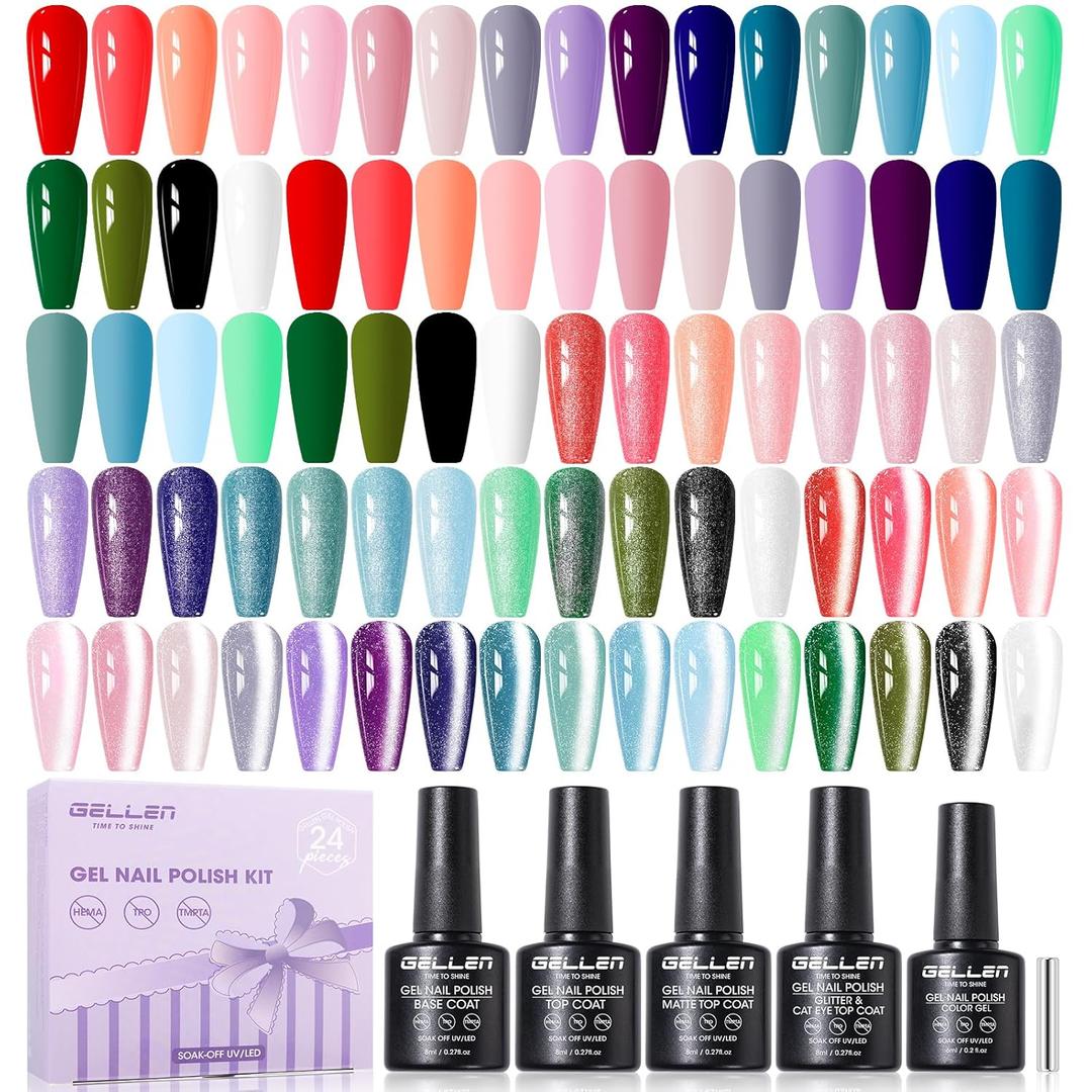 GELLEN 24pcs Gel Nail Polish Set, 20 Colors UV Gel Polish Red Blue Green Hema TMPTA TPO 3-free with Base Coat and Glossy Matte Cateye Top Coat, All Seasons NailGel for Christmas Gift Women Girls