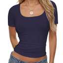 Vrtige Women's Casual Scoop Neck Short Sleeve Ribbed Knit Basic Fitted T Shirt Tee Top Navy Blue XX-Large (XXL)
