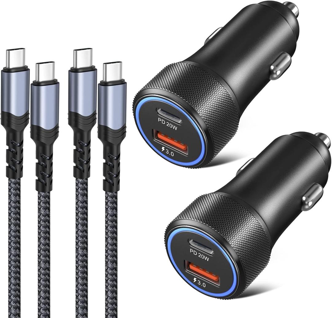 USB C Car Charger for iPhone 16, 36W 2 Pack Fast Charging Car Charger Adapter with PD&QC3.0 for iPhone 16 15 14 13, Galaxy S24/S23/S22, iPad Pro/Mini/Air, Google Pixel 6/5/4-6FT USB C-C Nylon Cable