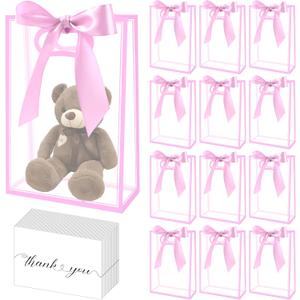 GAWBYET 24 Pcs Clear Plastic Gift Bag with Die Cut Handles Reusable PP Favor Bag with Ribbon and cards for Valentine Wedding Bridal Birthday Baby Shower Party, 7x10x3.15 Inch(Pink)