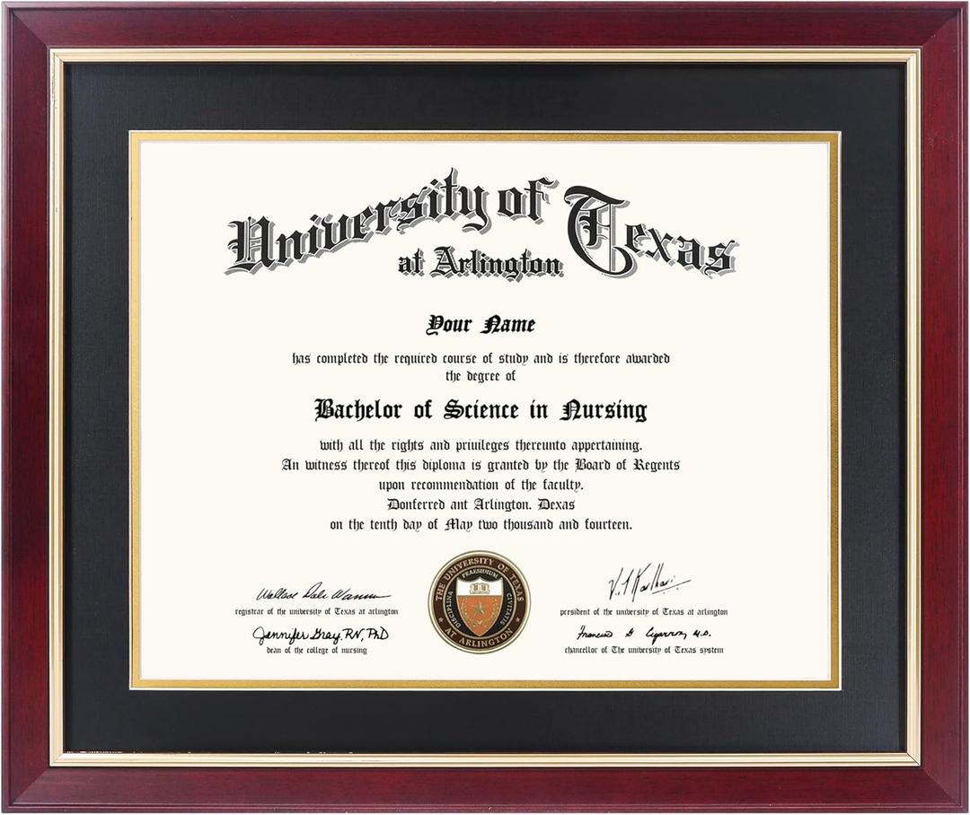 GMFrames 11x14 Wood Diploma Frame with Black Mat or Display 14x17 Certificates without Mat,Tempered Glass,Cherry Finish with Gold Trim