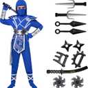 Spooktacular Creations Halloween Ninja Costume Kids, Ninja Dragon Jumpsuit Set, Boys Halloween Costume for DressUp Party (Medium(8-10 yrs), Blue+sliver)