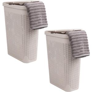 Mind Reader 40L Slim Laundry Hamper, Clothes Basket, Lid, Wicker Design, Plastic, 18"L x 10.4"W x 23.5"H, Set of 2, Ivory