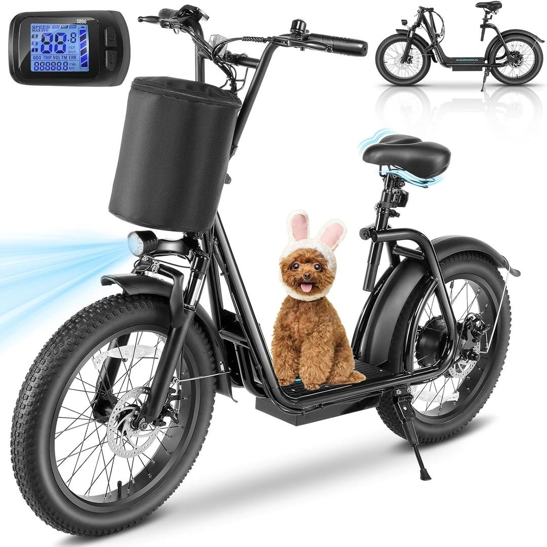 Caroma Peak 800W/1200W Electric Scooter with Seat, Max 15/20/30Miles&20MPH, 14"/20" Tires Foldable Adult Electric Scooter with Basket for Pets & Cargo, Dual Shock Absorbing EScooter for Commuting (Black)