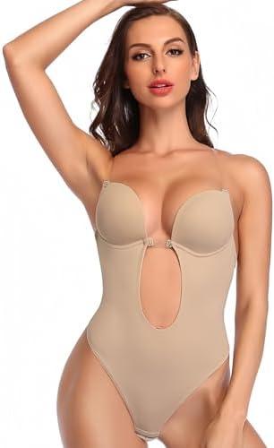 SHAPERIN Women's Backless Body Shaper Bra U Plunge Seamless Low Back Thong Shapewear Deep V Full Body Bodysuit, XL