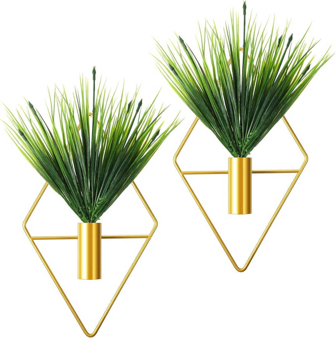 2 Pieces Gold Wall Decor Hanging Planters with Artificial Plants Metal Vase Indoor Plants Holder Modern Geometric Wall Art for Home Bathroom Bedroom Living Room Office(Aquatic Plant,Small)
