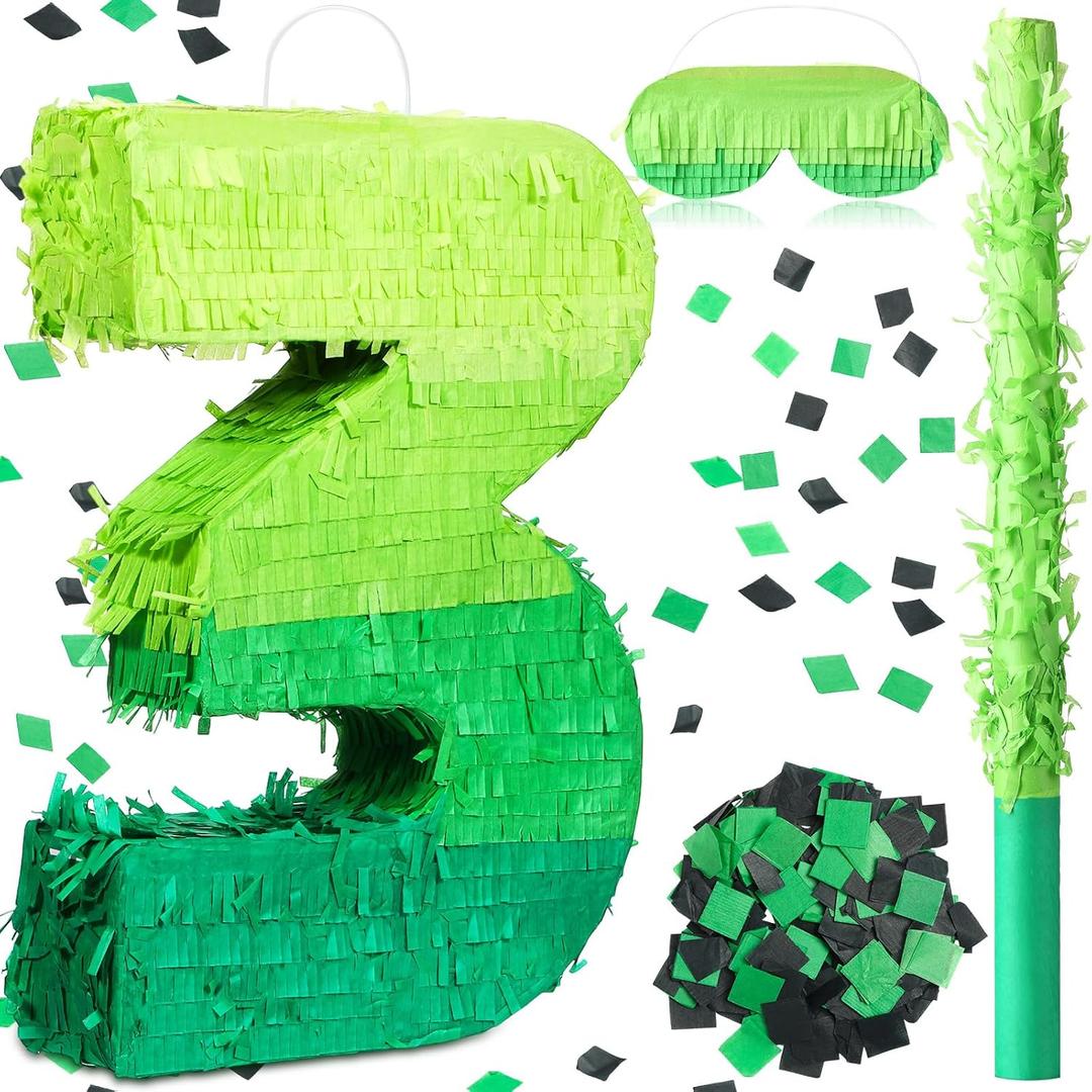 WinnerWhy Number Piata Decorations 16 Inch Gradient Green Piata with Blindfold Stick and Confetti for Birthday Baby Shower Safari Jungle Themed Party Supplies Centerpiece (Number 3)