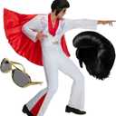 Morph Vegas Rockstar Costume With Wig + Glasses, Adult Men Disco Costume Mens 50s Jumpsuit Halloween Costumes For Men (X-Large)