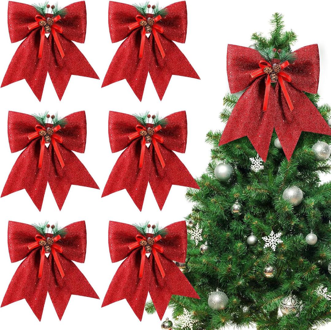 6 Pcs Christmas Bows - Large Glitter Christmas Decorative Wreaths Bows Xmas Tree Topper with Pine Cone for Holiday Party Indoor Outdoor Decor(11 Inch, Red)