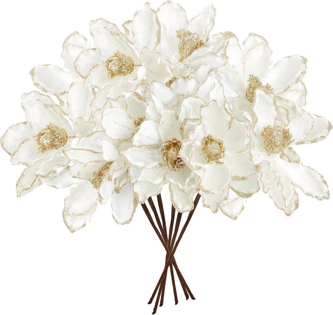 Sggvecsy 10Pcs Christmas Glitter Flowers Christmas Tree Ornaments Artificial Poinsettia Flower Velvet Magnolia Stems Floral Picks for Xmas Wedding DIY Crafts Wreath Party Floral Decorations (White)