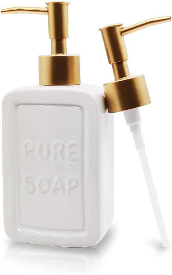Decorative Soap Dispenser White Ceramic Lotion Bottle with Embossed Letters Noble Golden Matte Pump