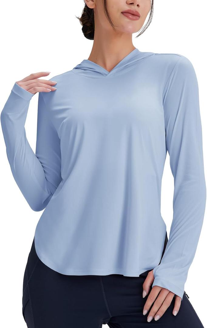 Women's Rash Guard Long Sleeve UV Sun Protection Shirts with Thin Hoodie UPF 50+ Lightweight SPF Tops for Hiking (Large, Blue)